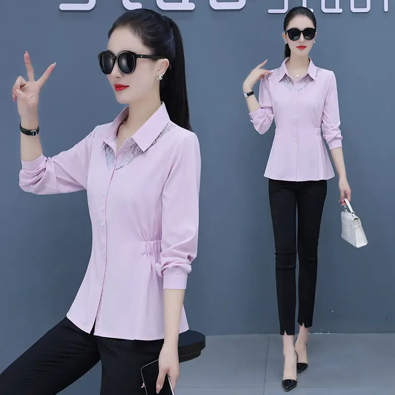 Women's Pink Long Sleeve Chiffon Shirt with Slim Fit Bottom - Image 4