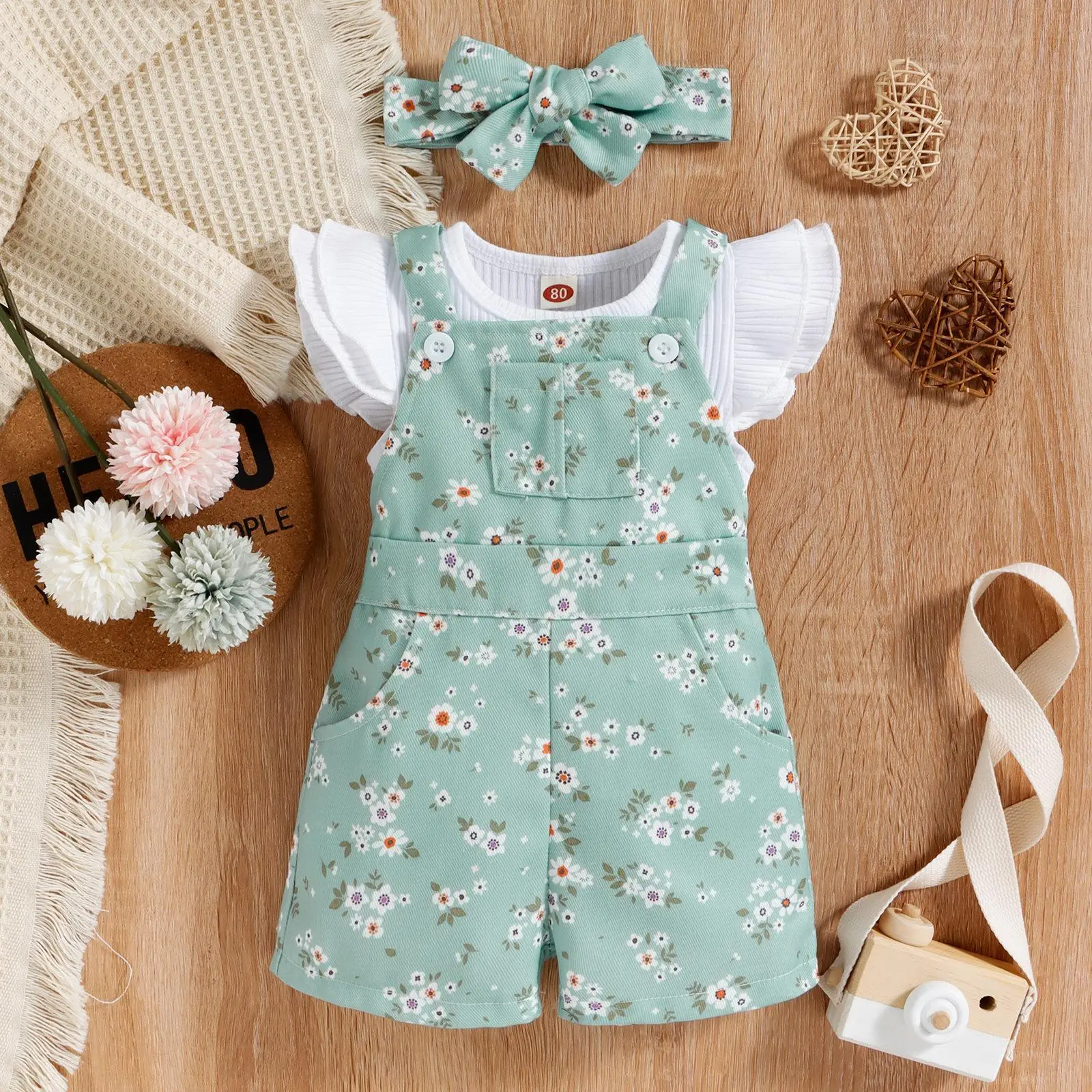 Girls Cotton Floral Shorts Set with Hair Band