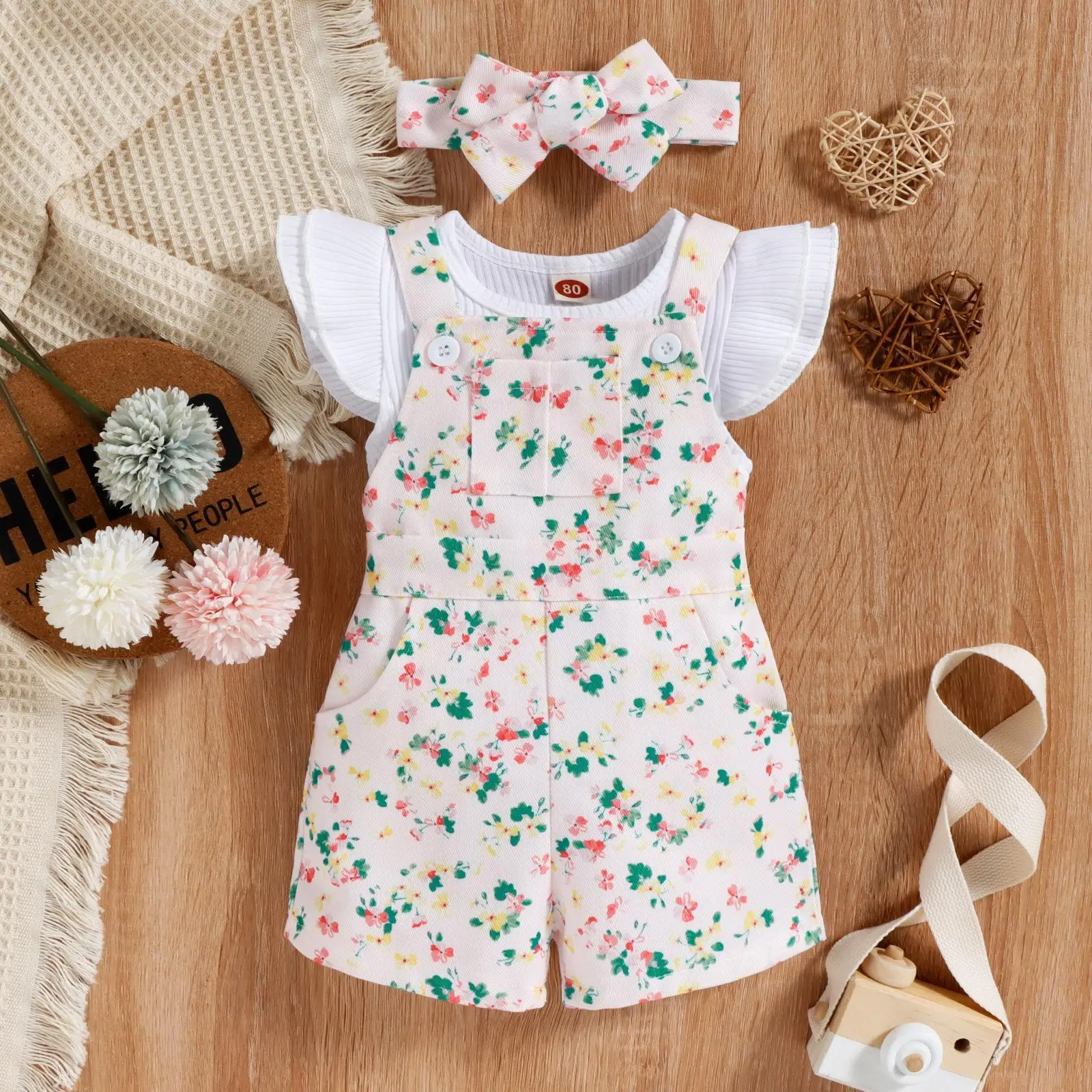 Girls Cotton Floral Shorts Set with Hair Band