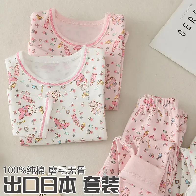 Girls Cotton Thermal Pajamas Set Pink White - Image 4