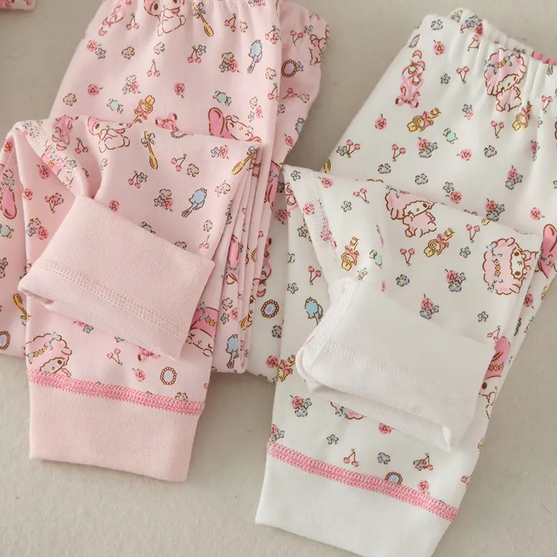 Girls Cotton Thermal Pajamas Set Pink White - Image 5
