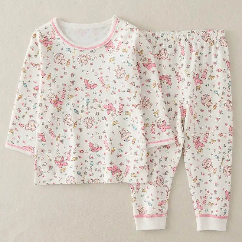 Girls Cotton Thermal Pajamas Set Pink White - Image 2