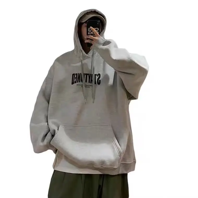 Men's Grey American Alphabet Hoodie Plus Size Winter Hoodie - Image 8