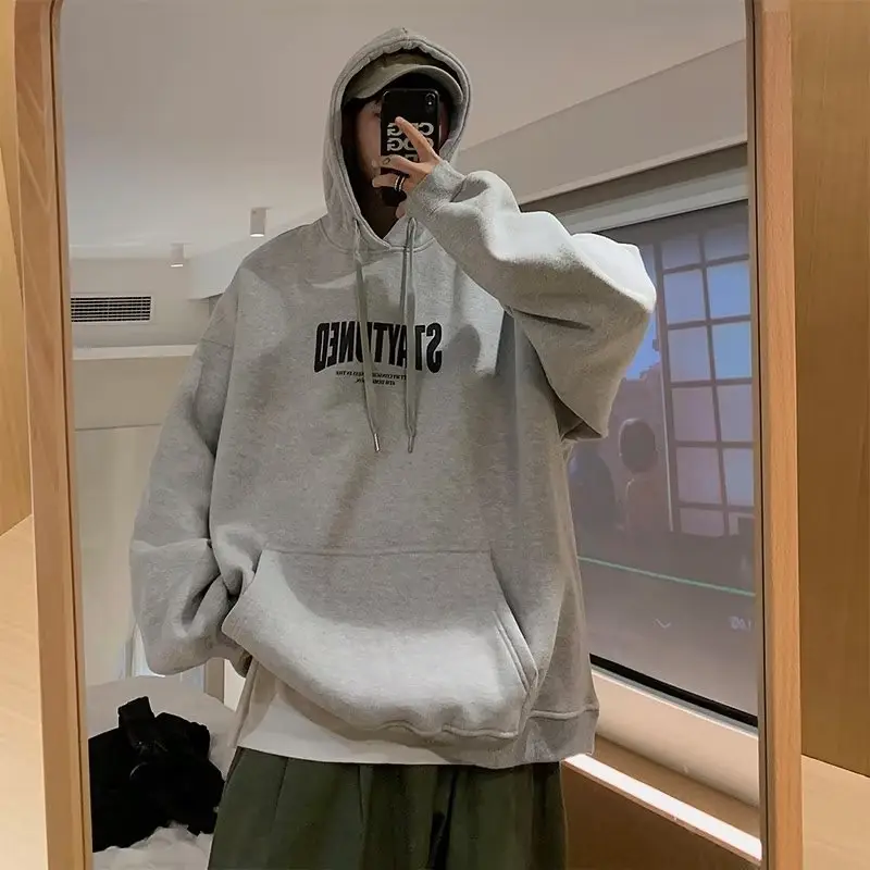 Men's Grey American Alphabet Hoodie Plus Size Winter Hoodie - Image 2