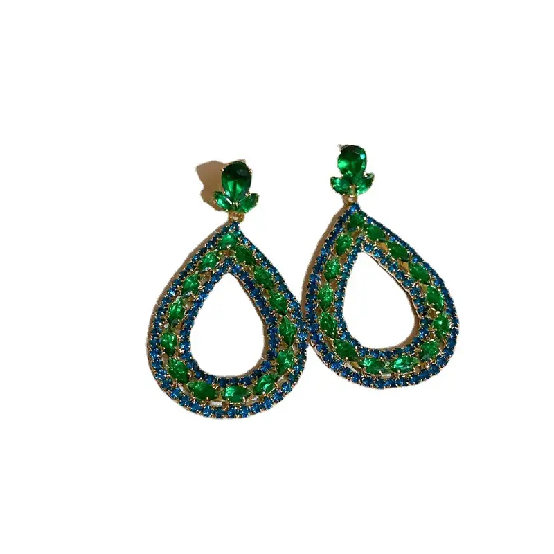 Silver Needle Retro Emerald Zircon Love Geometric Earrings - Image 9