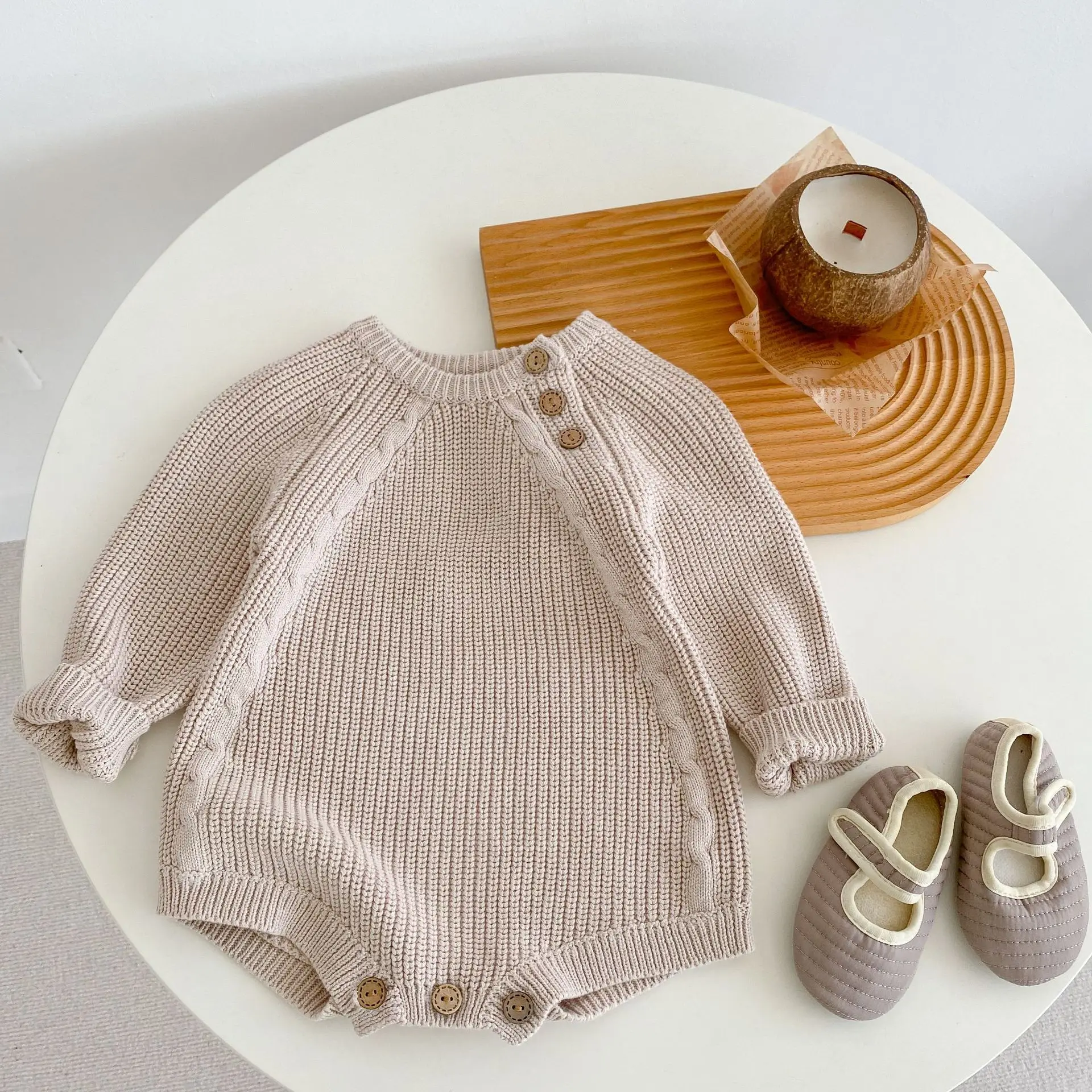Baby Cotton Pullover Suit Beige Button Front - Image 3