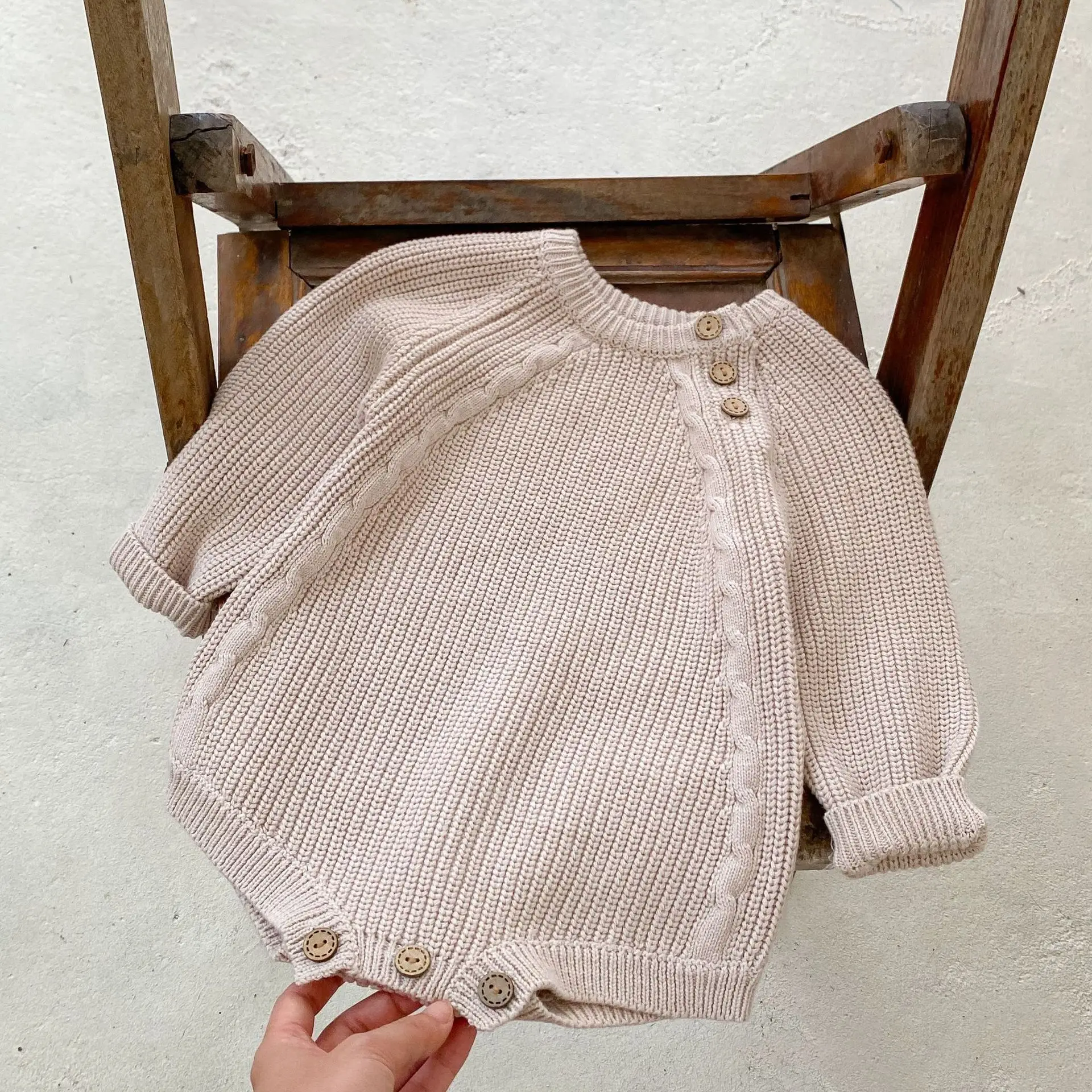 Baby Cotton Pullover Suit Beige Button Front - Image 4