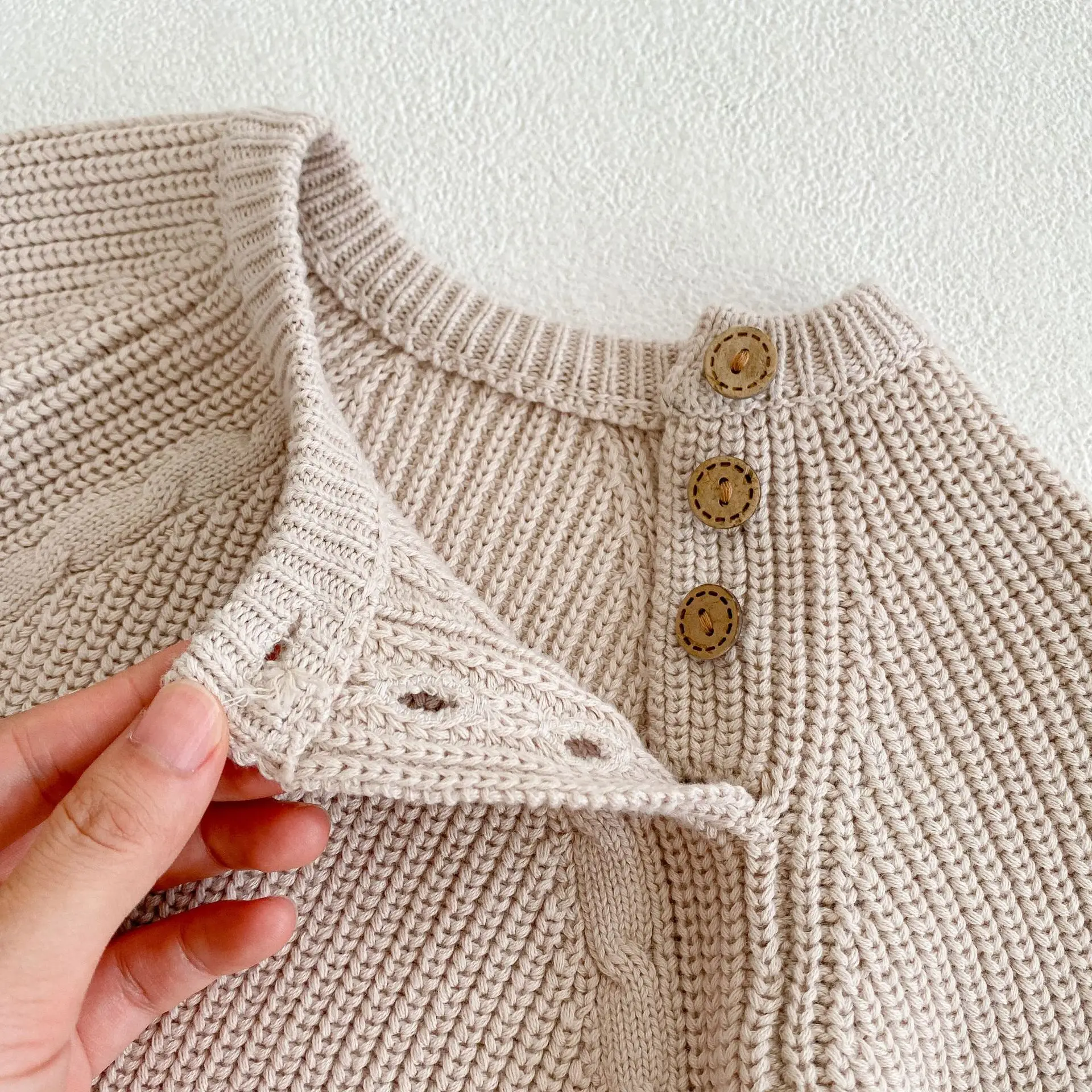 Baby Cotton Pullover Suit Beige Button Front - Image 5