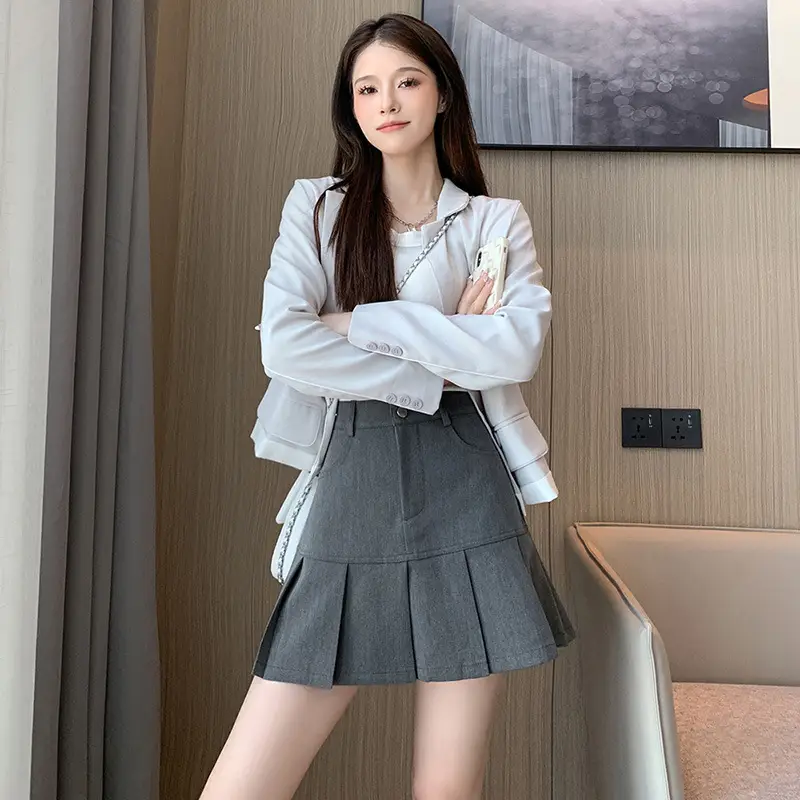 Women Pleated Skirt Gray High Waist Slim College Style - Image 2
