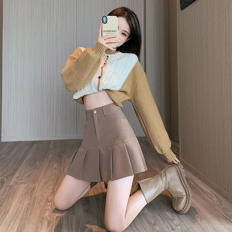 Women Pleated Skirt Gray High Waist Slim College Style - Image 5