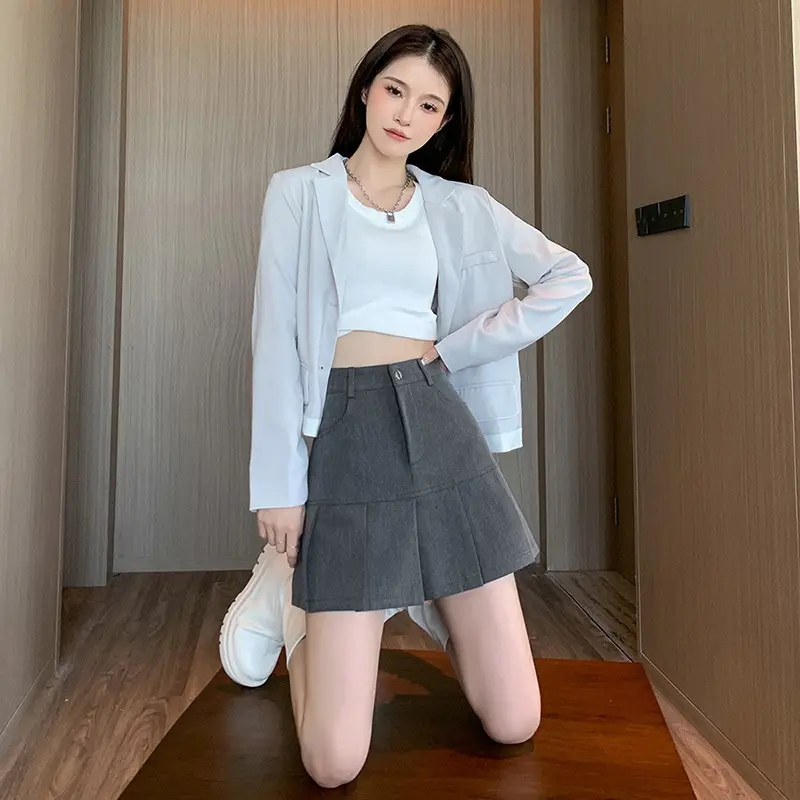 Women Pleated Skirt Gray High Waist Slim College Style - Image 6