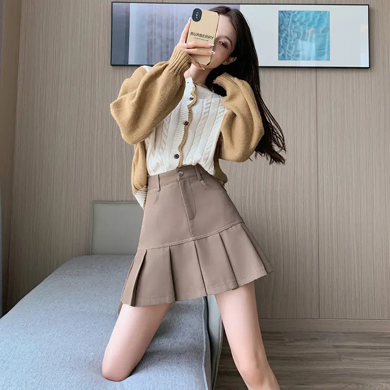 Women Pleated Skirt Gray High Waist Slim College Style - Image 3