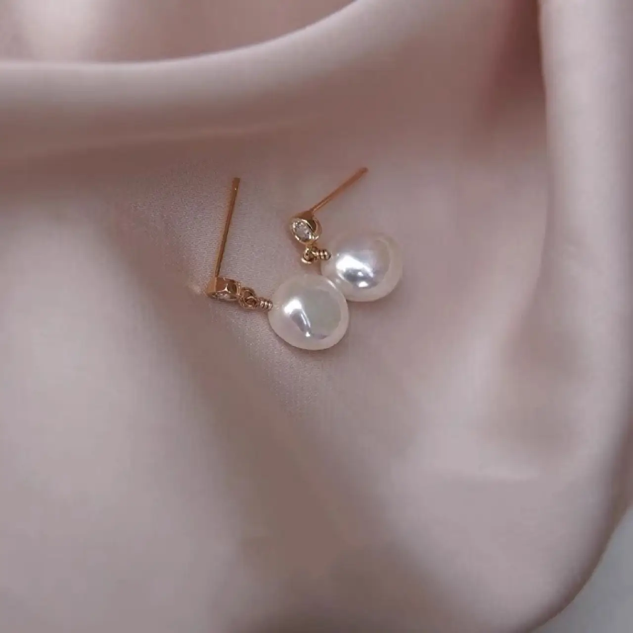 Natural Freshwater Pearl Baroque Earrings 14K Gold Plated Zircon - Image 2