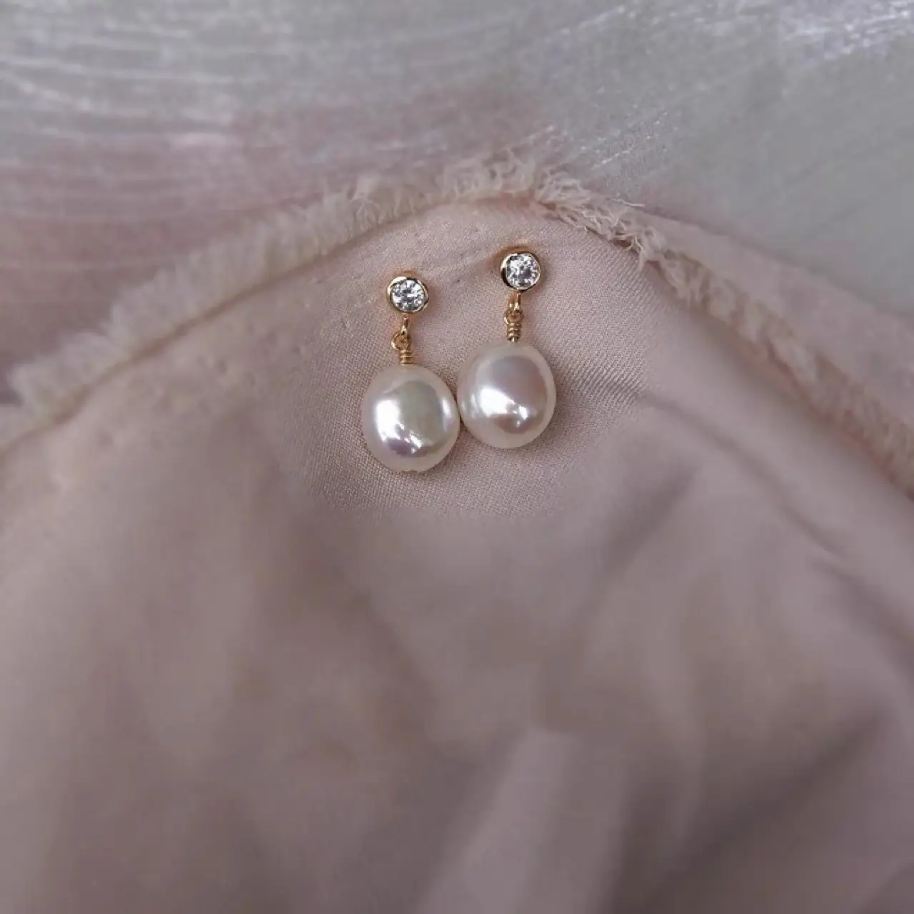 Natural Freshwater Pearl Baroque Earrings 14K Gold Plated Zircon - Image 3