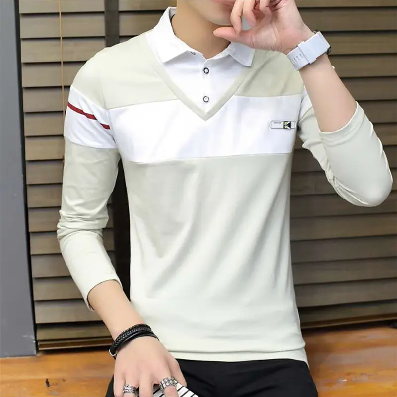 Men Navy White Collar Fake Two Piece T-Shirt - Image 2