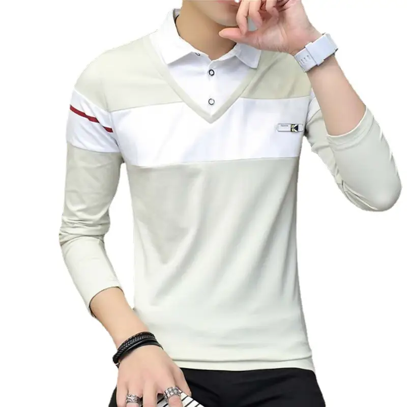 Men Navy White Collar Fake Two Piece T-Shirt - Image 8