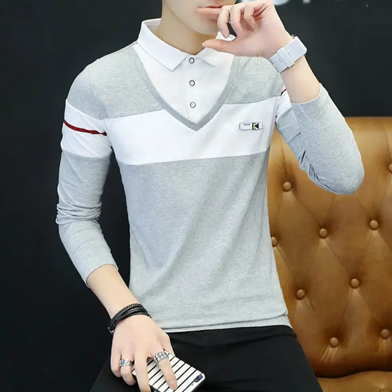 Men Navy White Collar Fake Two Piece T-Shirt - Image 3