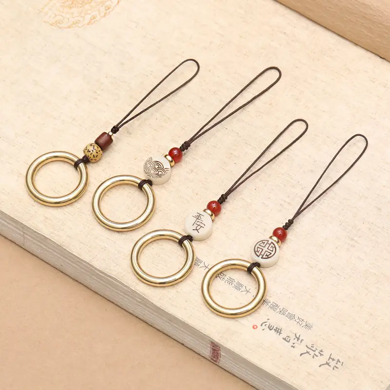 Antique Brass Mobile Phone Keychain with Red Bead - Image 5