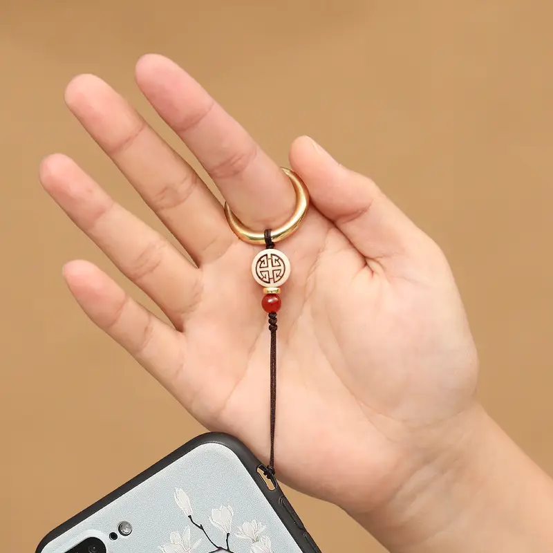 Antique Brass Mobile Phone Keychain with Red Bead - Image 6