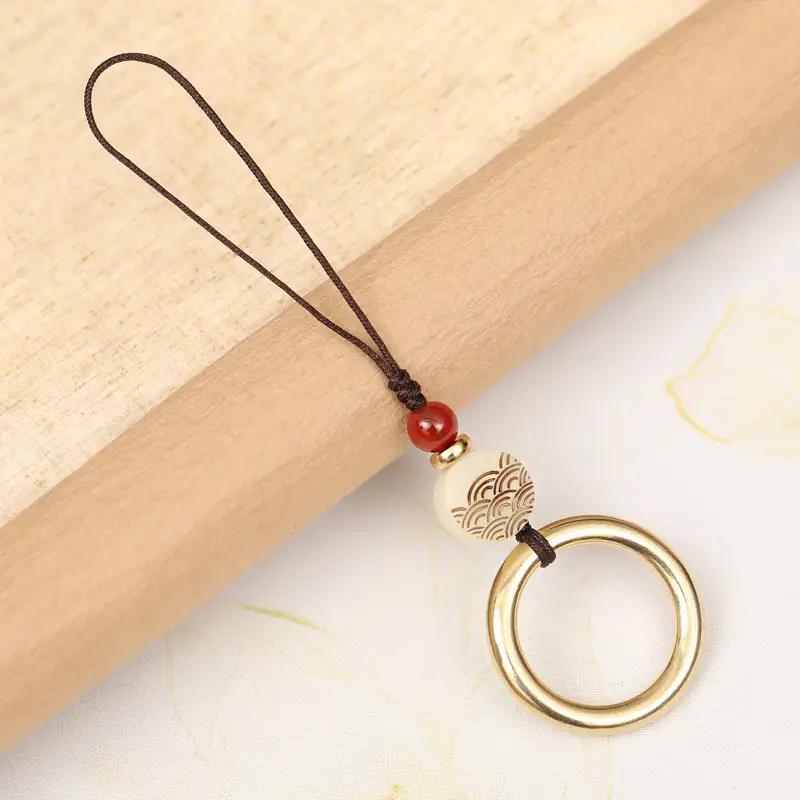Antique Brass Mobile Phone Keychain with Red Bead - Image 3