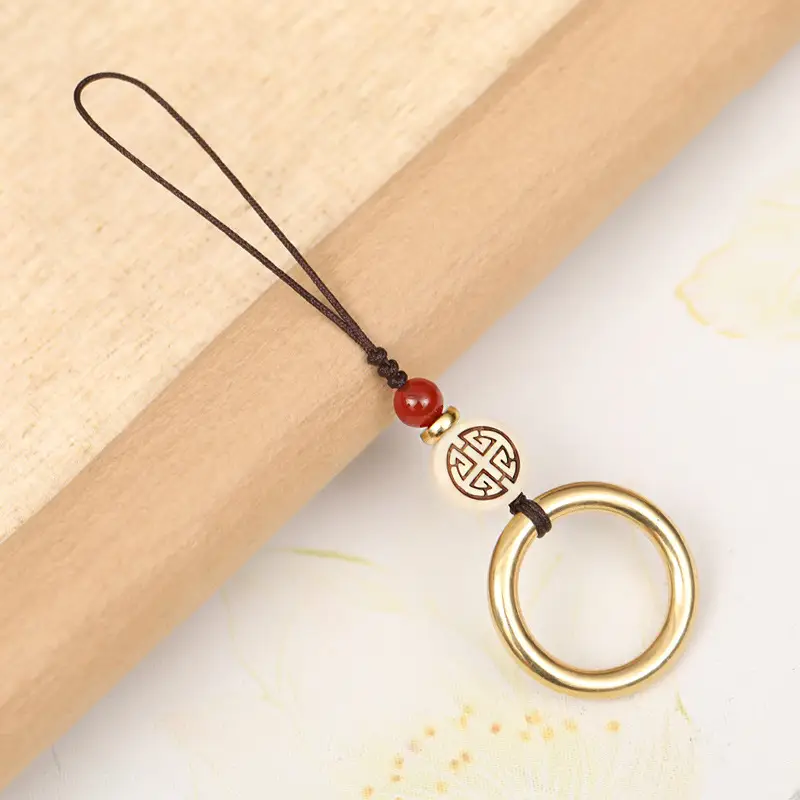 Antique Brass Mobile Phone Keychain with Red Bead - Image 4