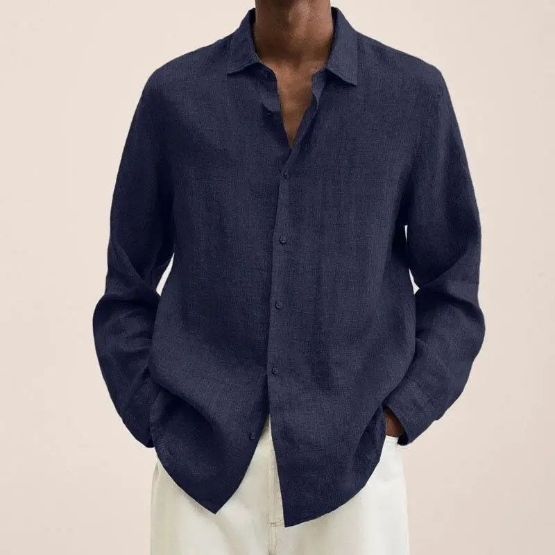 Long Sleeve V-Neck Cotton Linen Shirt Grey