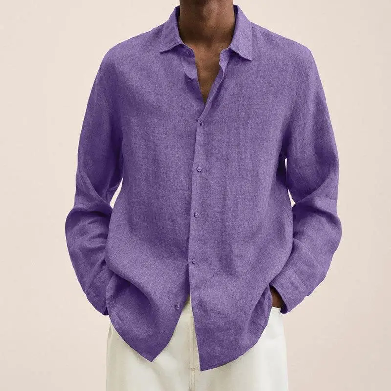 Long Sleeve V-Neck Cotton Linen Shirt Grey