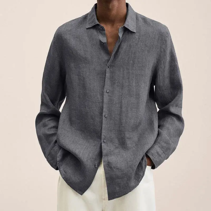 Long Sleeve V-Neck Cotton Linen Shirt Grey