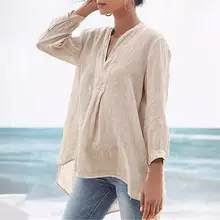 Long Sleeve V-Neck Cotton Linen Shirt Grey — feature 16