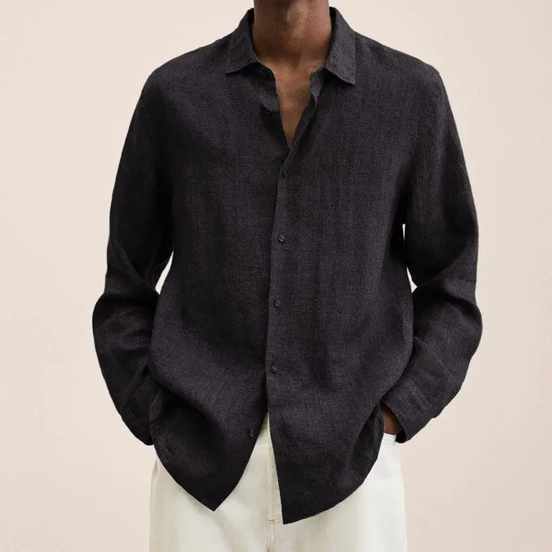 Long Sleeve V-Neck Cotton Linen Shirt Grey