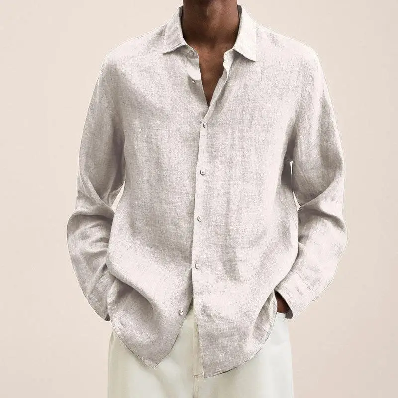Long Sleeve V-Neck Cotton Linen Shirt Grey