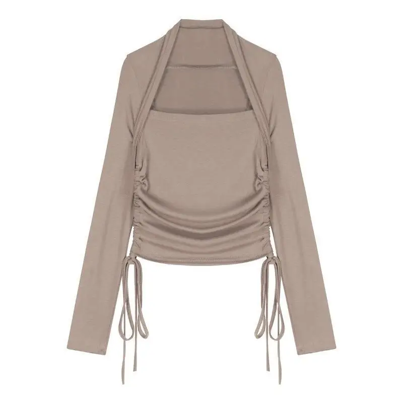 Women's Long Sleeve Crop Top Beige Black Set - Image 8