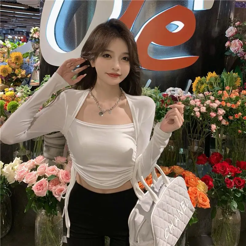 Women's Long Sleeve Crop Top Beige Black Set — feature 10