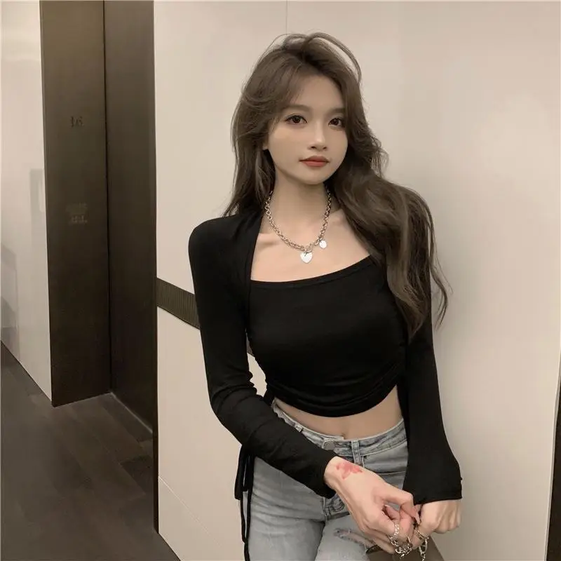 Women's Long Sleeve Crop Top Beige Black Set — feature 13