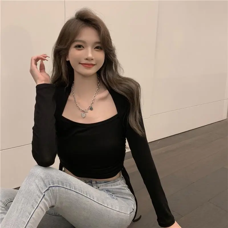 Women's Long Sleeve Crop Top Beige Black Set — feature 20