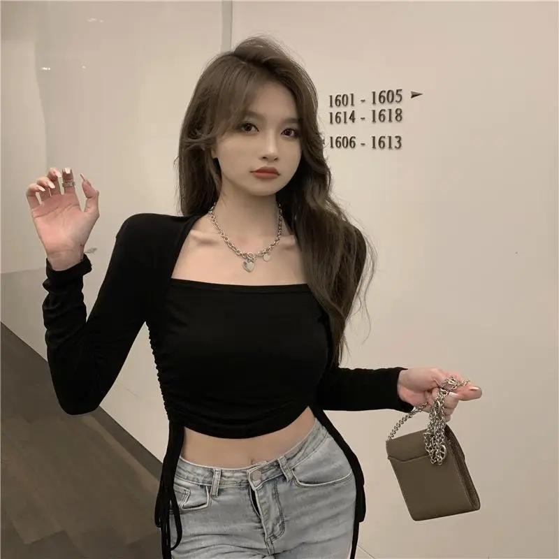 Women's Long Sleeve Crop Top Beige Black Set — feature 26