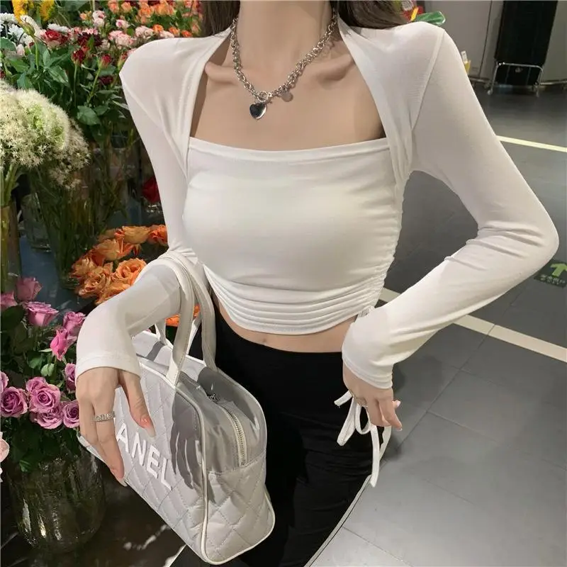 Women's Long Sleeve Crop Top Beige Black Set — feature 31