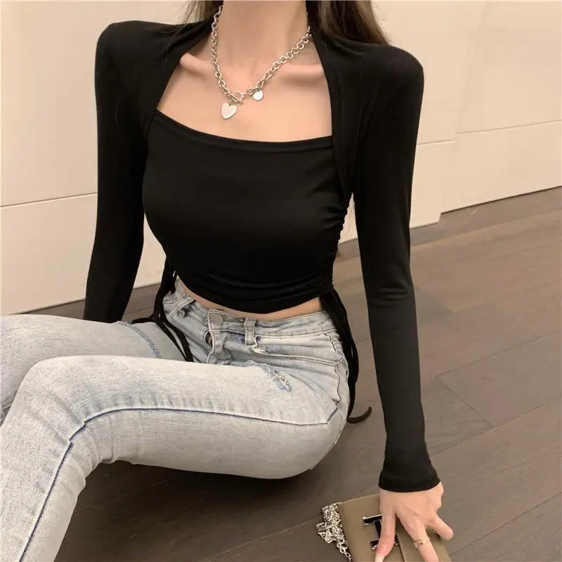 Women's Long Sleeve Crop Top Beige Black Set — feature 37