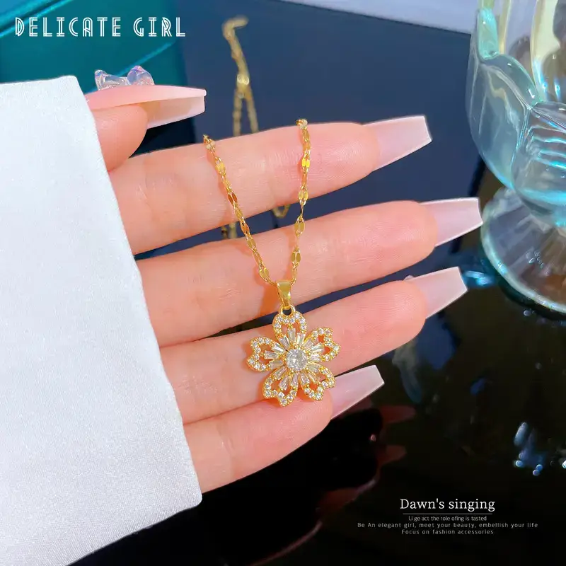 Titanium Steel Flower Necklace with Full Diamond Zircon Design - Image 3
