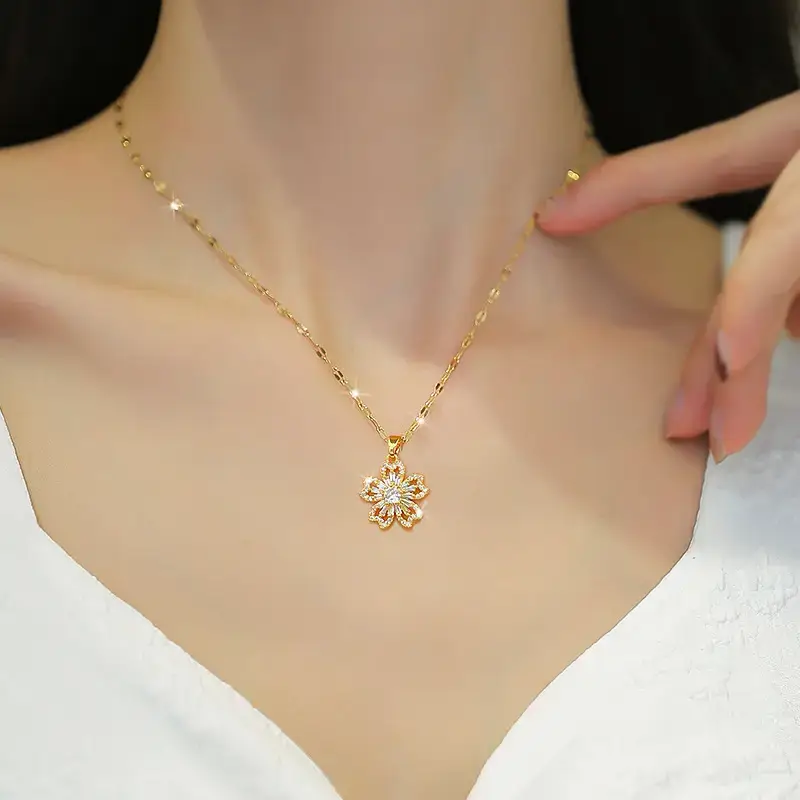 Titanium Steel Flower Necklace with Full Diamond Zircon Design - Image 4