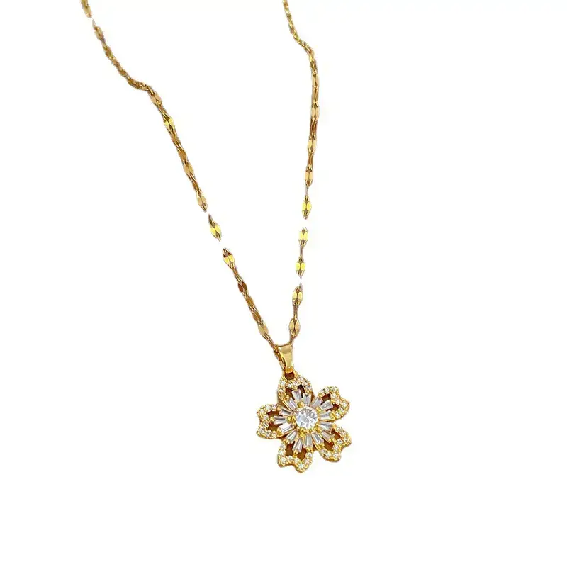 Titanium Steel Flower Necklace with Full Diamond Zircon Design - Image 5