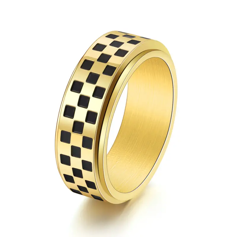 Men's Black & White Chessboard Titanium Ring - Image 2