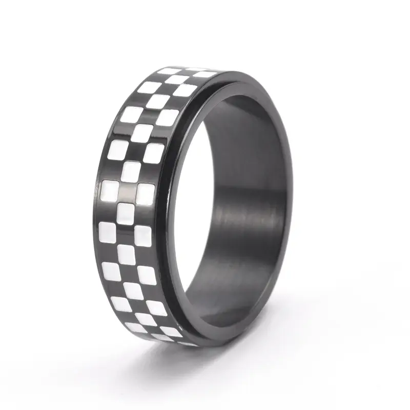 Men's Black & White Chessboard Titanium Ring - Image 3
