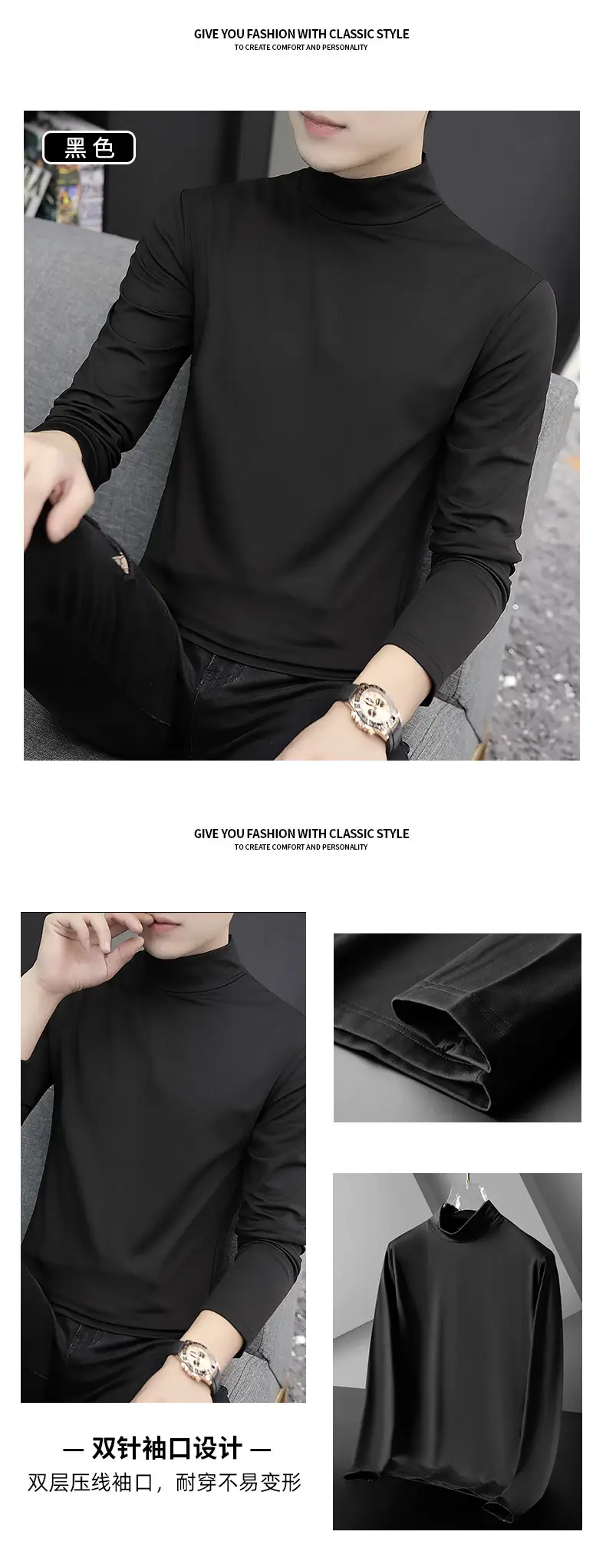 Men's Black Long Sleeve T-Shirt with Embroidery — feature 10