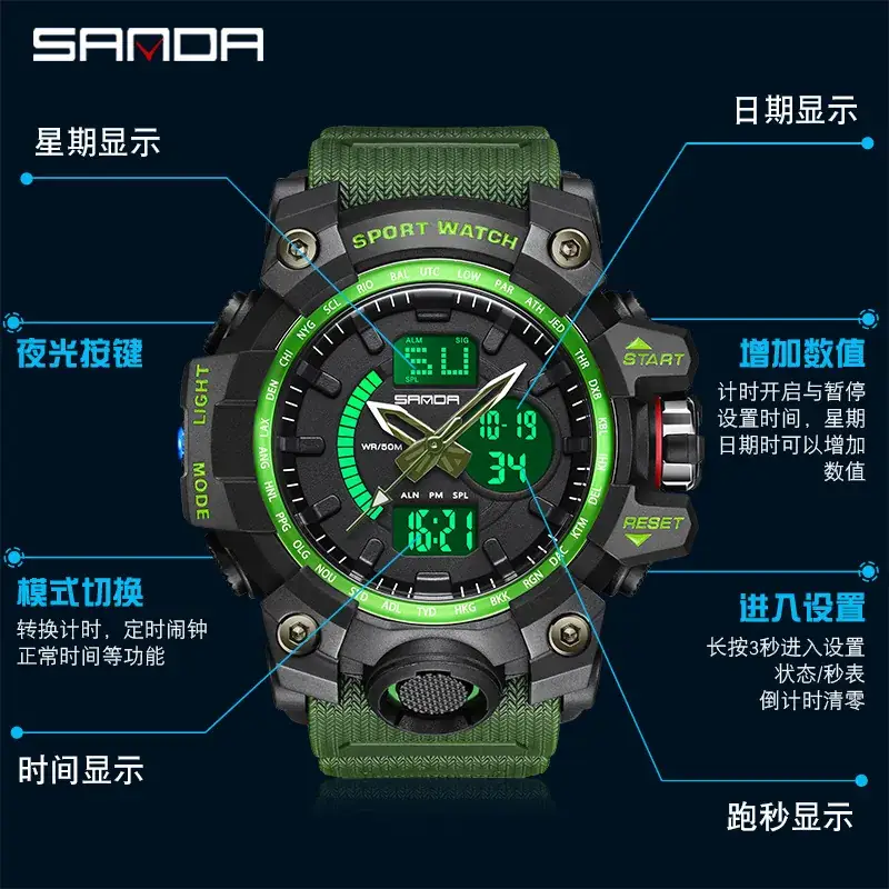 Sanda Black Sport Watch Multi-Functional Waterproof Luminous Men's Electronic Watch - Image 81