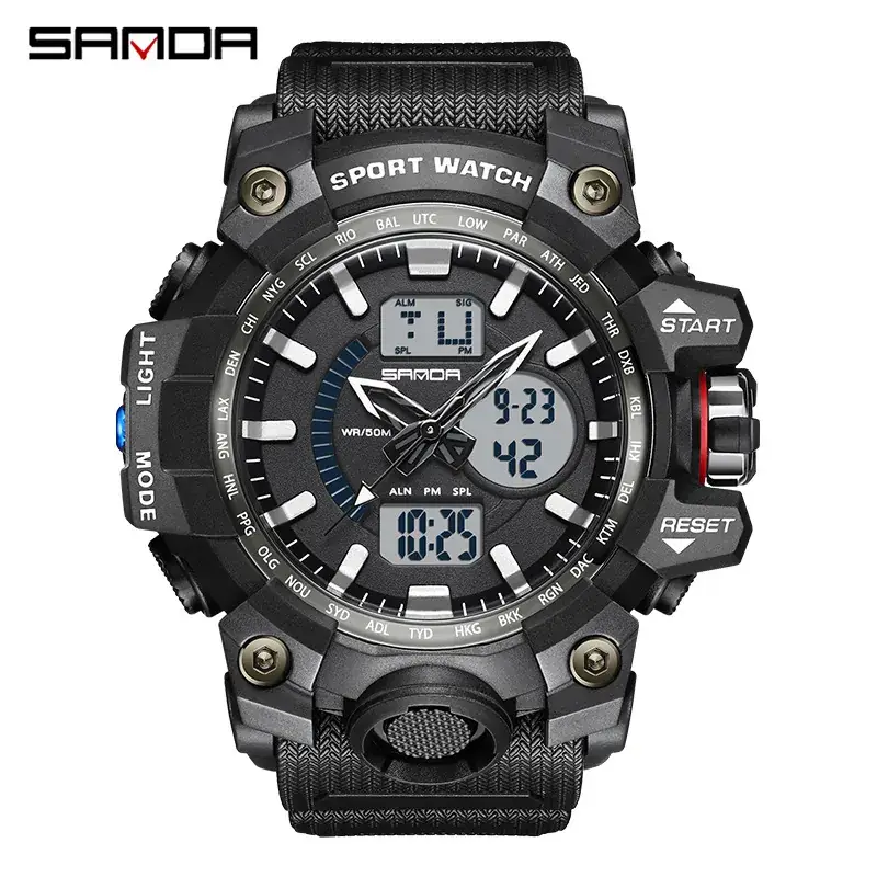 Sanda Black Sport Watch Multi-Functional Waterproof Luminous Men's Electronic Watch - Image 2