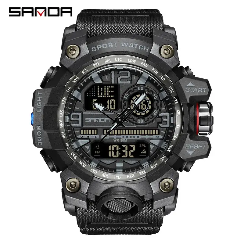 Sanda Black Sport Watch Multi-Functional Waterproof Luminous Men's Electronic Watch - Image 7