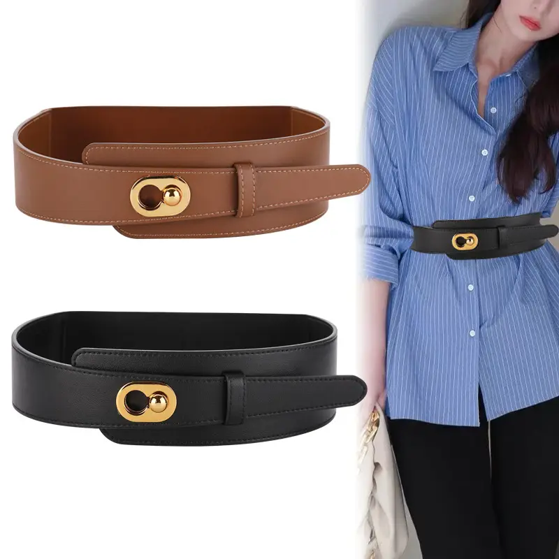 Women's Brown Genuine Leather Wide Belt with Gold Clasp