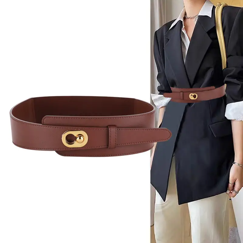Women's Brown Genuine Leather Wide Belt with Gold Clasp