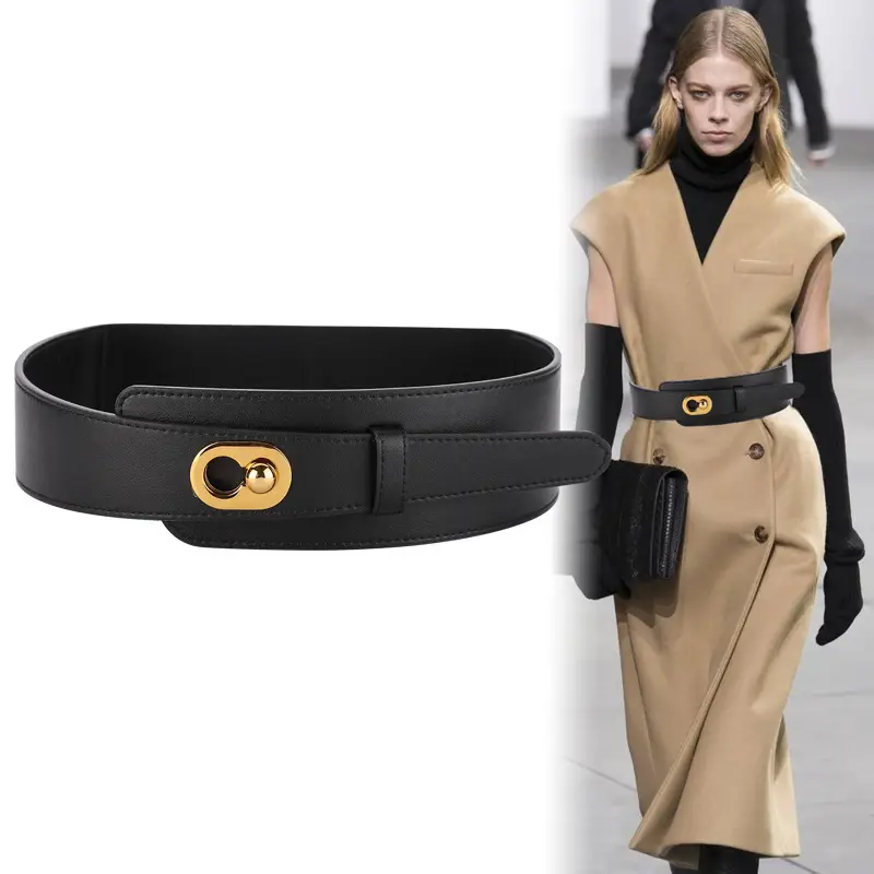 Women's Brown Genuine Leather Wide Belt with Gold Clasp